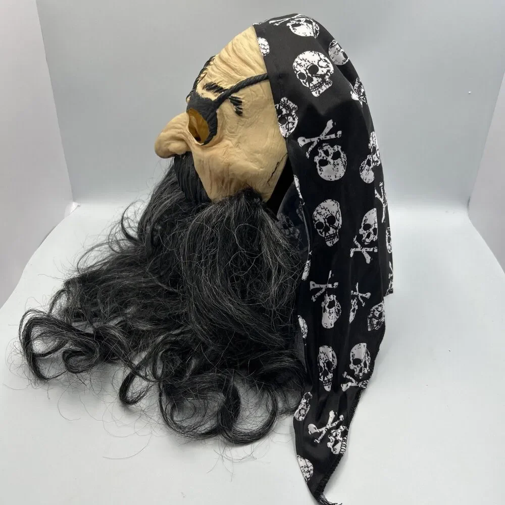 Vintage Pirate Halloween Mask Long Black Beard Skull Bandana Costume Prop